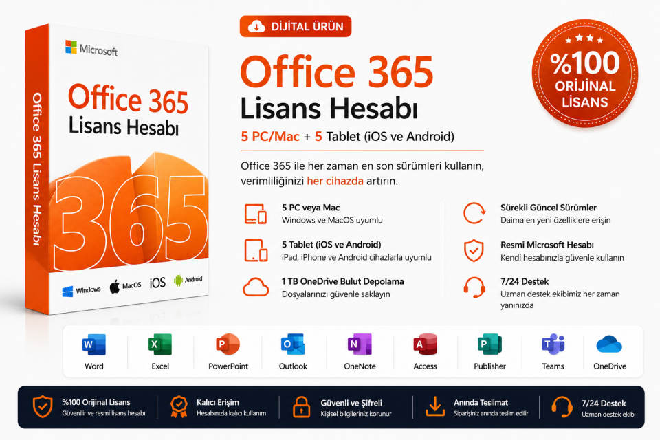 Office 365 Lisans Hesabı – 5 PC/Mac + 5 Tablet (IOS ve Android)